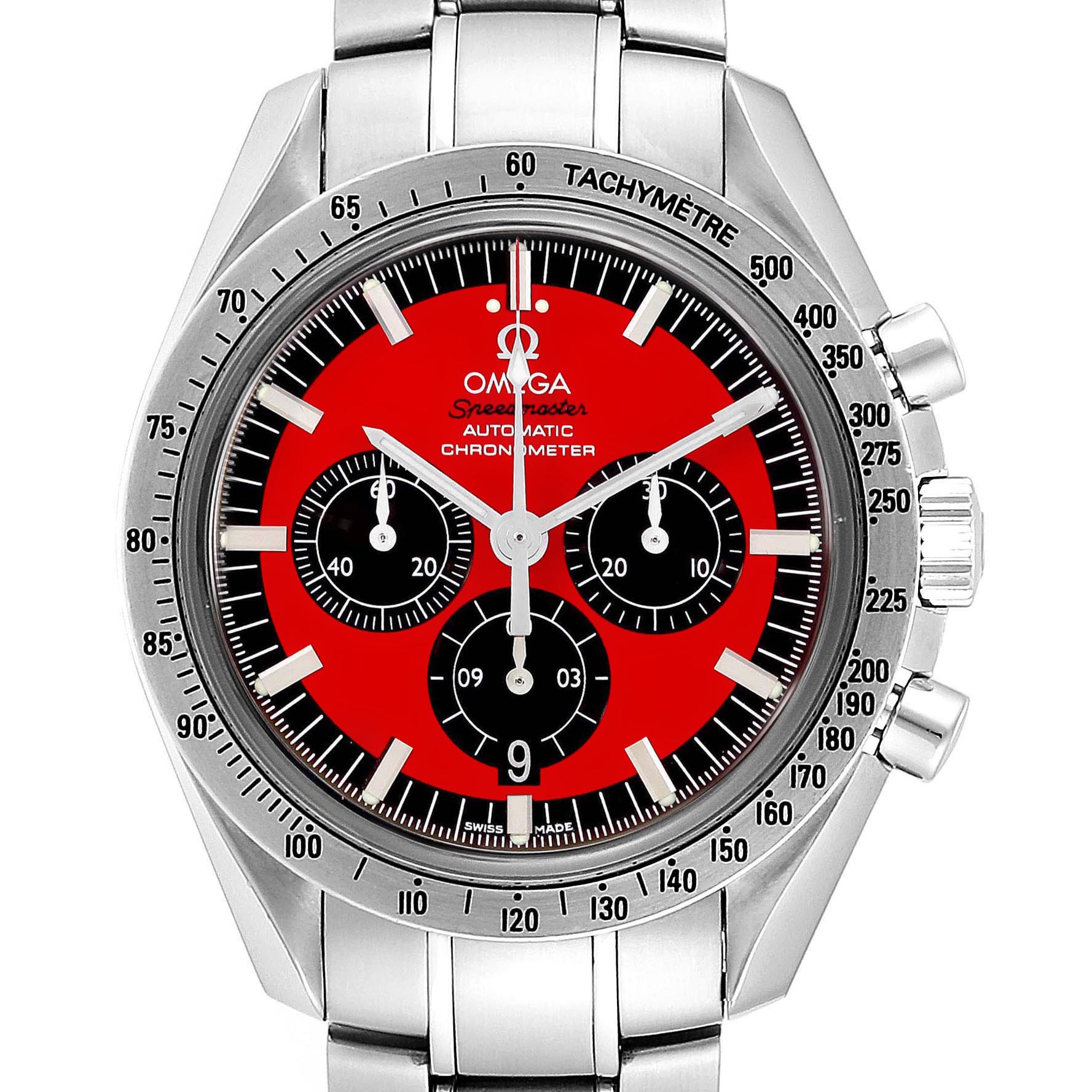 The image shows a front view of the Omega Speedmaster 3506.61.00 Men's Stainless Steel Red Dial 3506.61.00 Men's Stainless Steel Red Dial watch, highlighting the dial, subdials, tachymeter bezel, and bracelet.
