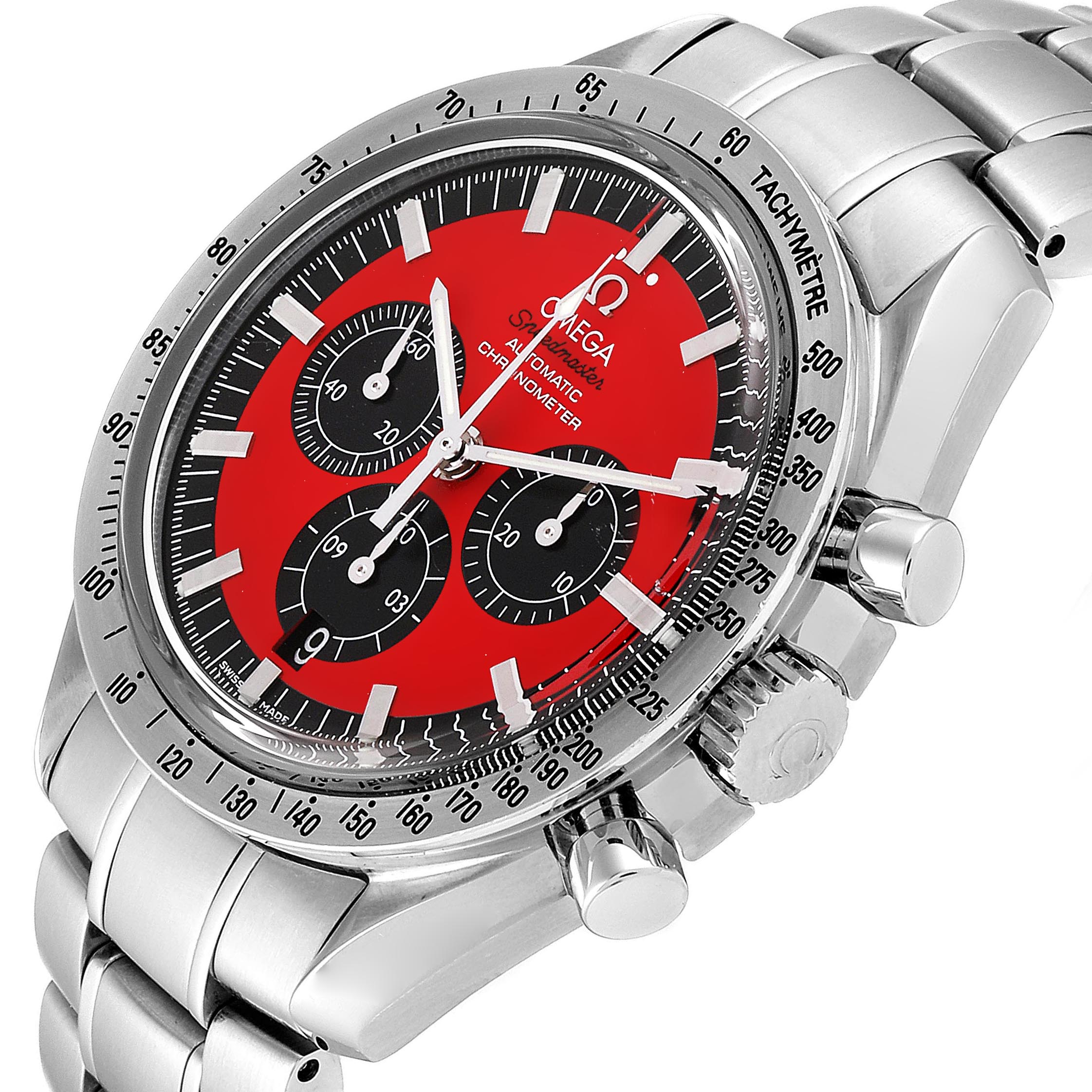 The image shows an Omega Speedmaster 3506.61.00 Men's Stainless Steel Red Dial 3506.61.00 Men's Stainless Steel Red Dial watch angled from the front-left, highlighting its red dial, sub-dials, and tachymeter bezel.