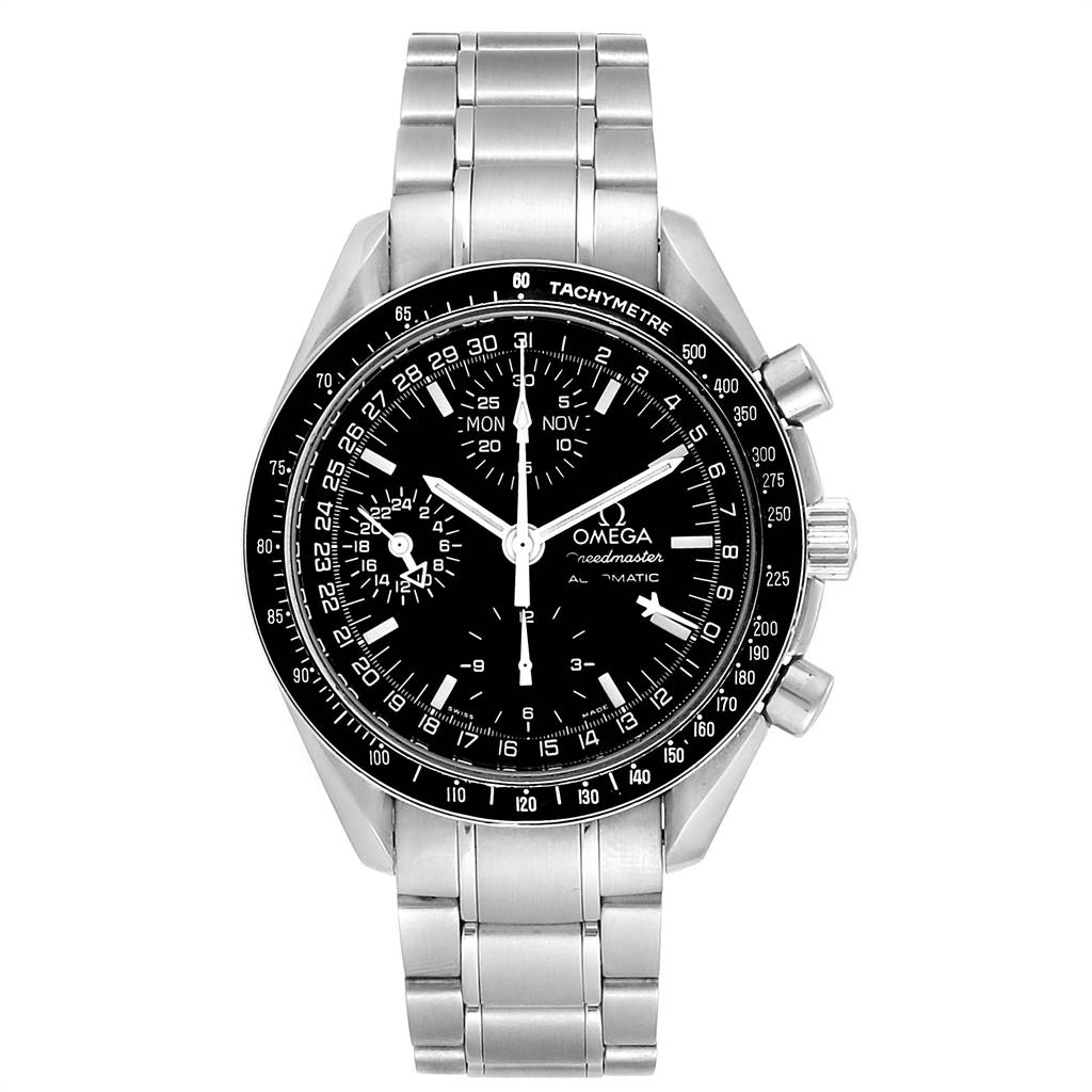 The Omega Speedmaster 3520.50.00 Men
s Stainless Steel Black Dial 3520.50.00 Men
s Stainless Steel Black Dial watch is shown from a front angle, displaying its black dial, tachymeter bezel, and stainless steel bracelet.