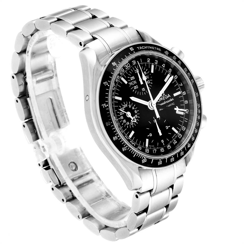 The image shows a side perspective of an Omega Speedmaster 3520.50.00 Men
s Stainless Steel Black Dial 3520.50.00 Men
s Stainless Steel Black Dial, displaying its case, bracelet, and dial.