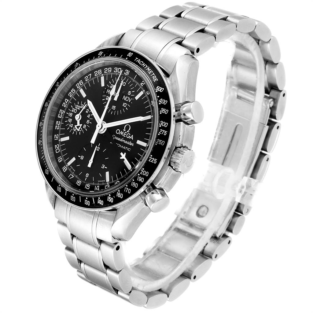 The Omega Speedmaster 3520.50.00 Men
s Stainless Steel Black Dial 3520.50.00 Men
s Stainless Steel Black Dial watch is shown at a three-quarter angle, highlighting its stainless steel band, bezel, and detailed dial.