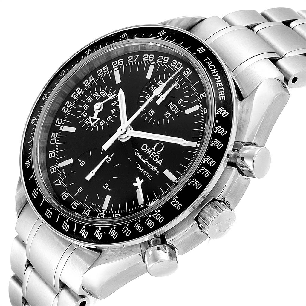 This image shows an Omega Speedmaster 3520.50.00 Men
s Stainless Steel Black Dial 3520.50.00 Men
s Stainless Steel Black Dial watch from an angle highlighting the dial, crown, pushers, bezel, and metal bracelet.