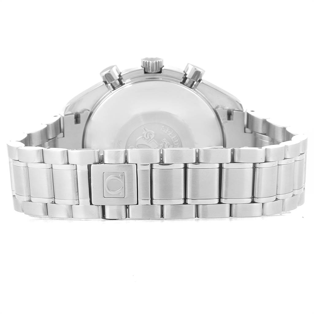 This Omega Speedmaster 3520.50.00 Men
s Stainless Steel Black Dial 3520.50.00 Men
s Stainless Steel Black Dial watch is shown from the rear, highlighting the back case, crown, and stainless steel bracelet.