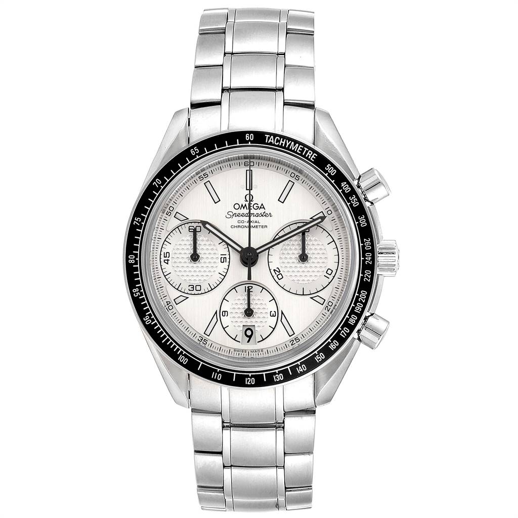 The Omega Speedmaster 326.30.40.50.01.001 Men
s Stainless Steel Silver Dial 326.30.40.50.01.001 Men
s Stainless Steel Silver Dial watch is shown from a front angle, featuring its face, bezel, chronograph dials, and metal bracelet.