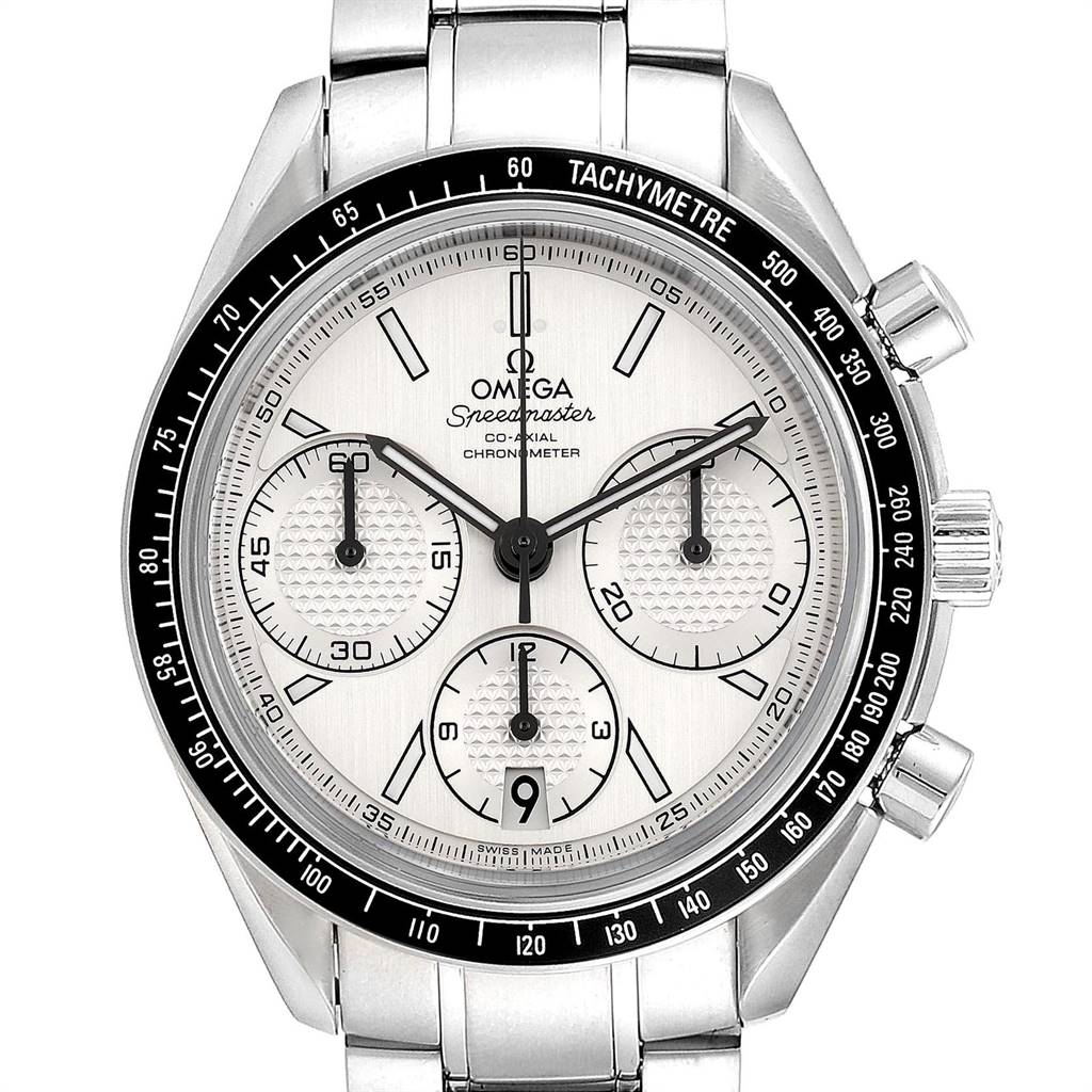 The image shows a front view of an Omega Speedmaster 326.30.40.50.01.001 Men
s Stainless Steel Silver Dial 326.30.40.50.01.001 Men
s Stainless Steel Silver Dial watch, displaying its dial, tachymeter bezel, and chronograph subdials.