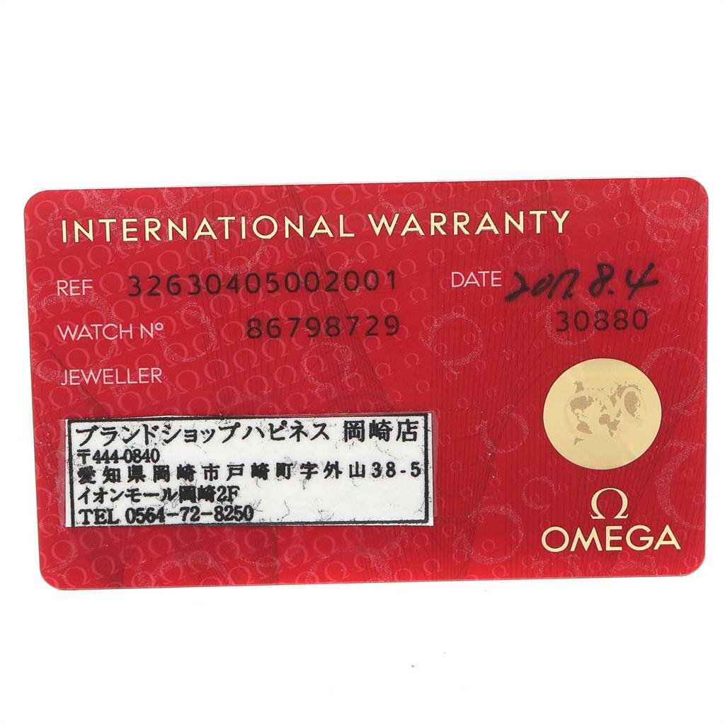 This image shows an international warranty card for the Omega Speedmaster 326.30.40.50.01.001 Men
s Stainless Steel Silver Dial 326.30.40.50.01.001 Men
s Stainless Steel Silver Dial watch, detailing the reference number, watch number, and purchase date.