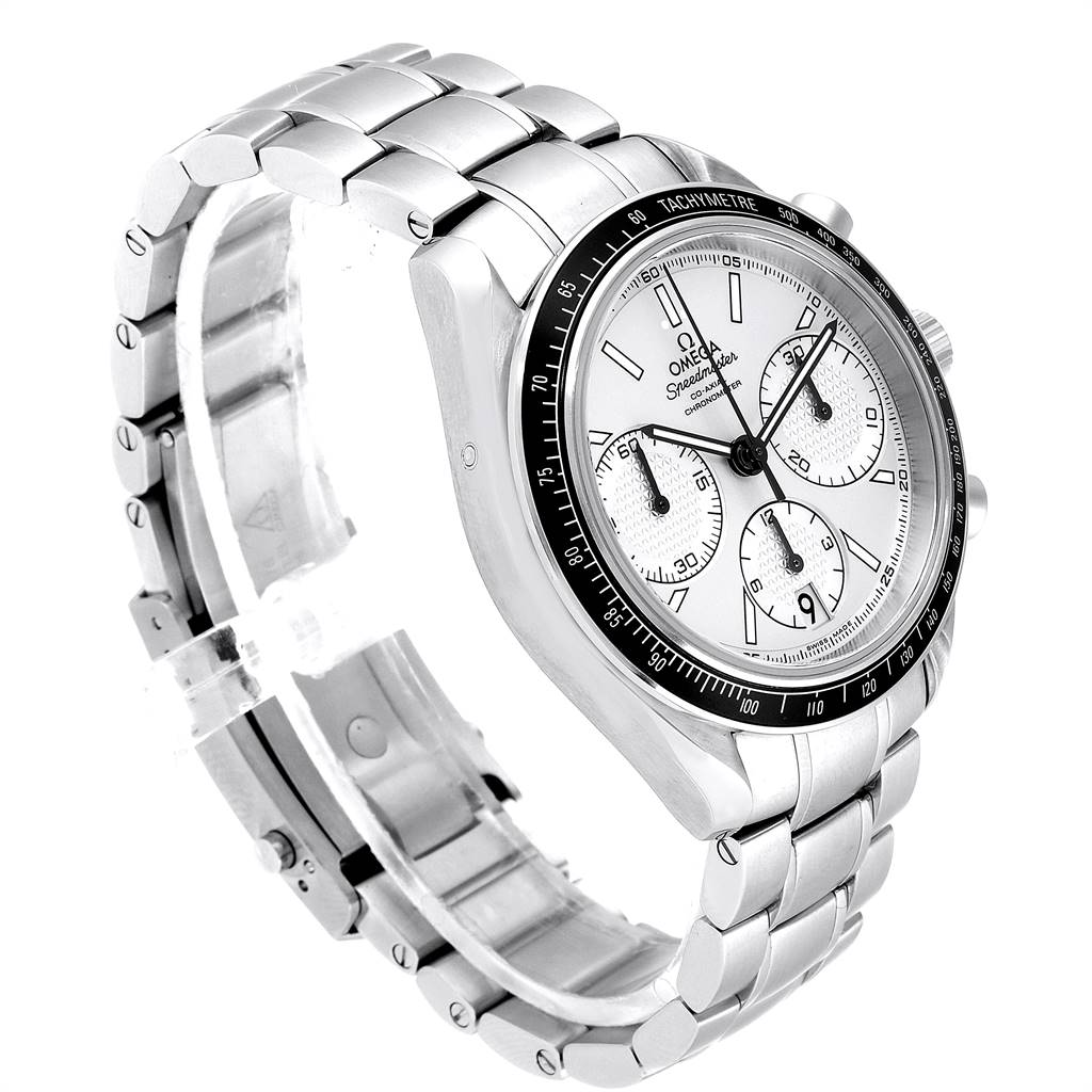 The image shows an angled view of an Omega Speedmaster 326.30.40.50.01.001 Men
s Stainless Steel Silver Dial 326.30.40.50.01.001 Men
s Stainless Steel Silver Dial watch, highlighting its silver bracelet, bezel, and chronograph dial.