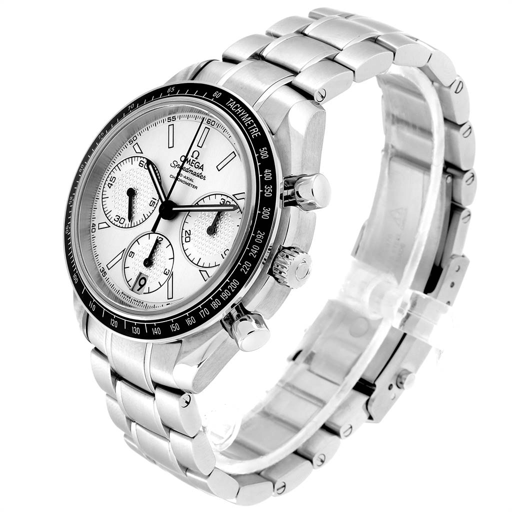 The Omega Speedmaster 326.30.40.50.01.001 Men
s Stainless Steel Silver Dial 326.30.40.50.01.001 Men
s Stainless Steel Silver Dial watch is shown at an angle highlighting its face, bezel, chronograph pushers, and bracelet.
