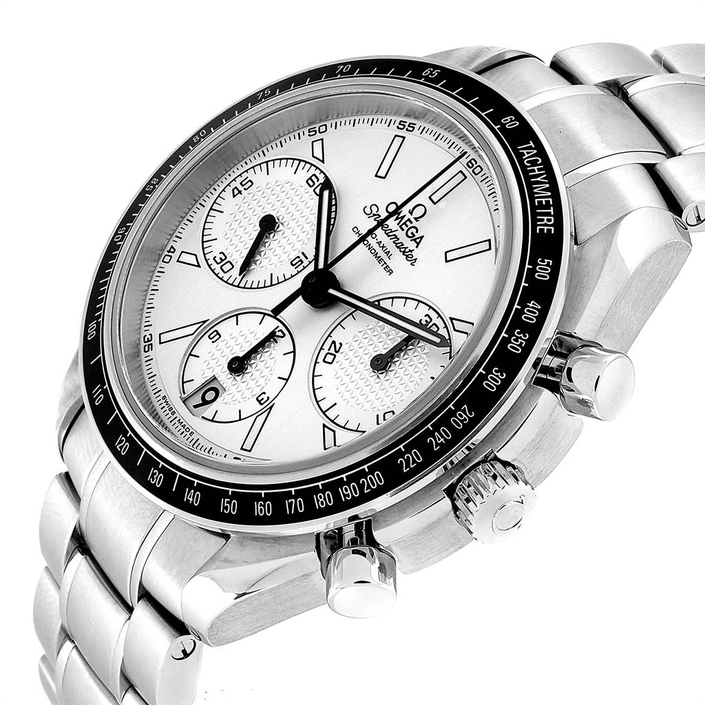The image shows an angled view of the Omega Speedmaster 326.30.40.50.01.001 Men
s Stainless Steel Silver Dial 326.30.40.50.01.001 Men
s Stainless Steel Silver Dial watch, featuring the dial, chronograph subdials, tachymeter bezel, and stainless steel bracelet.