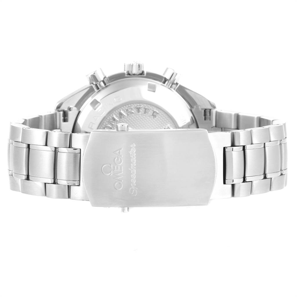The image shows the back and clasp of an Omega Speedmaster 326.30.40.50.01.001 Men
s Stainless Steel Silver Dial 326.30.40.50.01.001 Men
s Stainless Steel Silver Dial watch from a slightly rear angle.