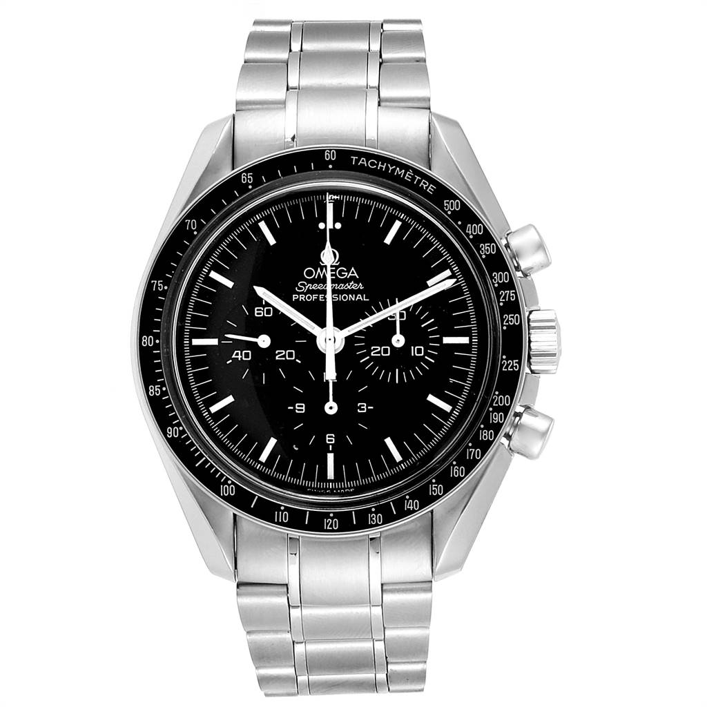The image shows a frontal view of an Omega Speedmaster 3560.50.00 Men
s Stainless Steel Black Dial 3560.50.00 Men
s Stainless Steel Black Dial watch with a stainless steel strap and tachymeter bezel.