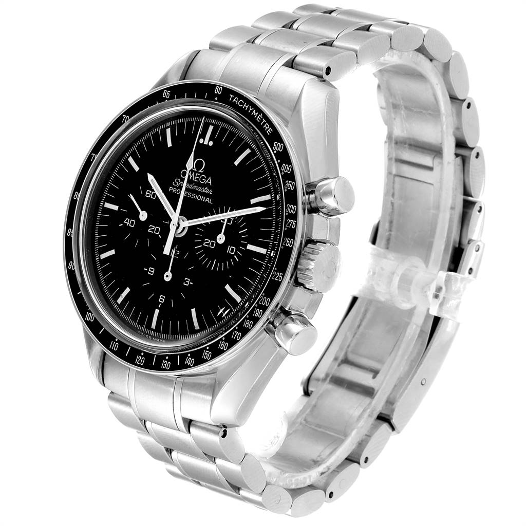 The image shows an Omega Speedmaster 3560.50.00 Men
s Stainless Steel Black Dial 3560.50.00 Men
s Stainless Steel Black Dial watch at a front right angle, highlighting the face, bezel, case, crown, pushers, and bracelet.