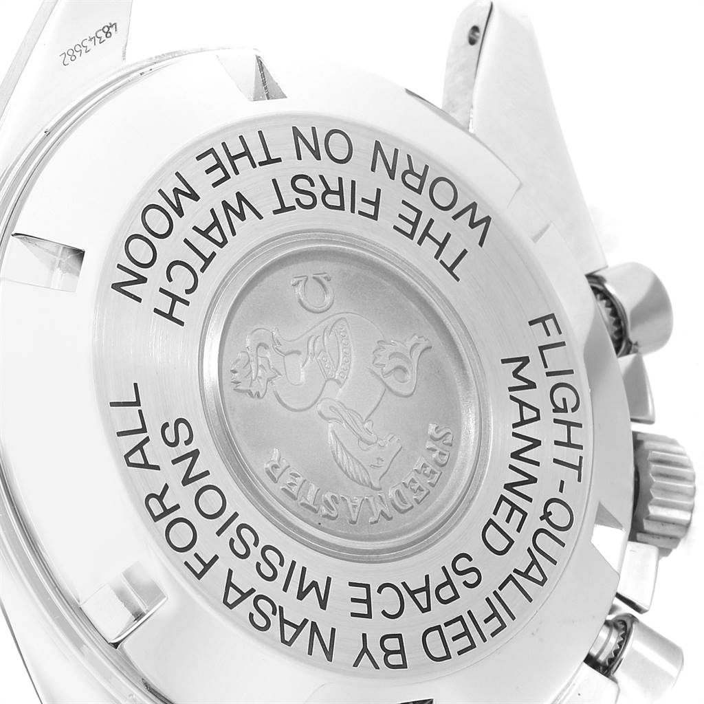 The image shows the case back and side view of an Omega Speedmaster 3570.50.00 Men
s Stainless Steel Black Dial 3570.50.00 Men
s Stainless Steel Black Dial watch, highlighting the engraved text and emblem.