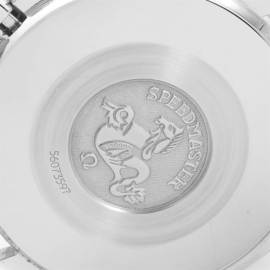 This image shows the engraved case back of an Omega Speedmaster 3510.50.00 Men
s Stainless Steel Black Dial 3510.50.00 Men
s Stainless Steel Black Dial watch, featuring the Speedmaster logo and a serial number.