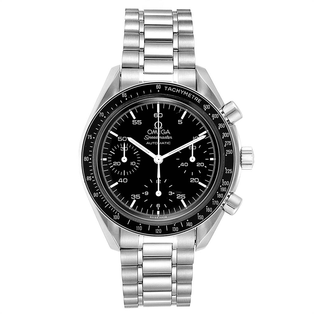 This Omega Speedmaster 3510.50.00 Men
s Stainless Steel Black Dial 3510.50.00 Men
s Stainless Steel Black Dial watch is shown from a top-down angle, displaying its face, bezel, pushers, and stainless steel bracelet.