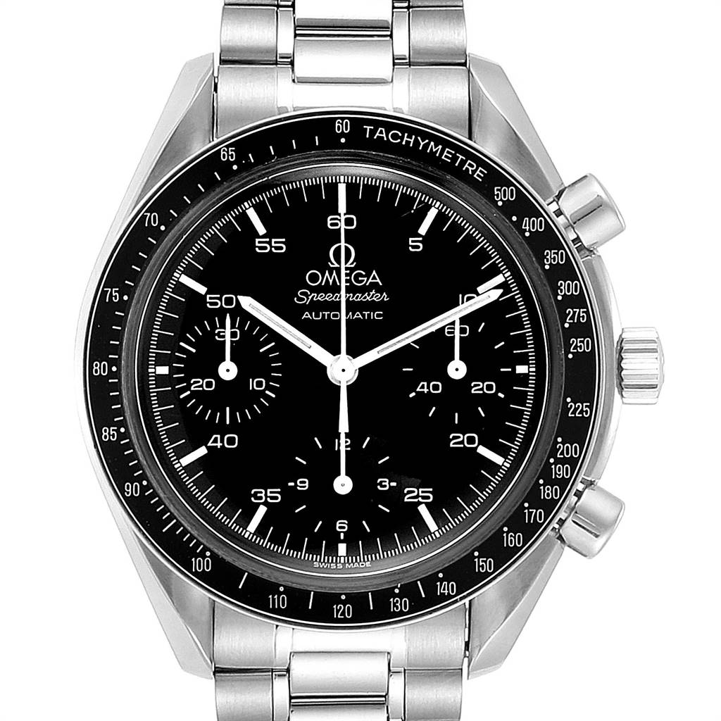 The Omega Speedmaster 3510.50.00 Men
s Stainless Steel Black Dial 3510.50.00 Men
s Stainless Steel Black Dial watch is shown from a front angle, displaying its dial, chronograph subdials, bezel with tachymeter, and stainless steel bracelet.