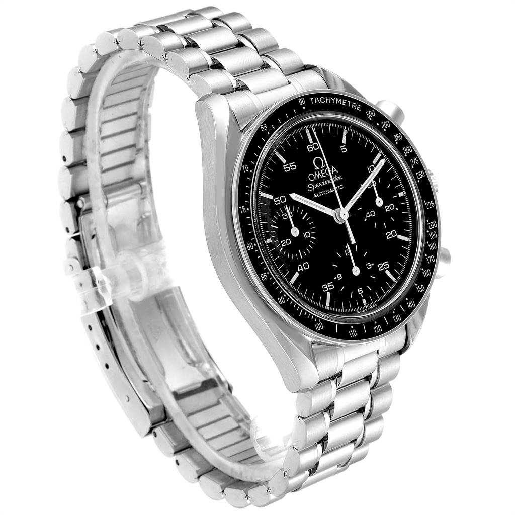 The Omega Speedmaster 3510.50.00 Men
s Stainless Steel Black Dial 3510.50.00 Men
s Stainless Steel Black Dial watch is shown at a three-quarter angle, displaying the face, bezel, and metal bracelet with clasp.