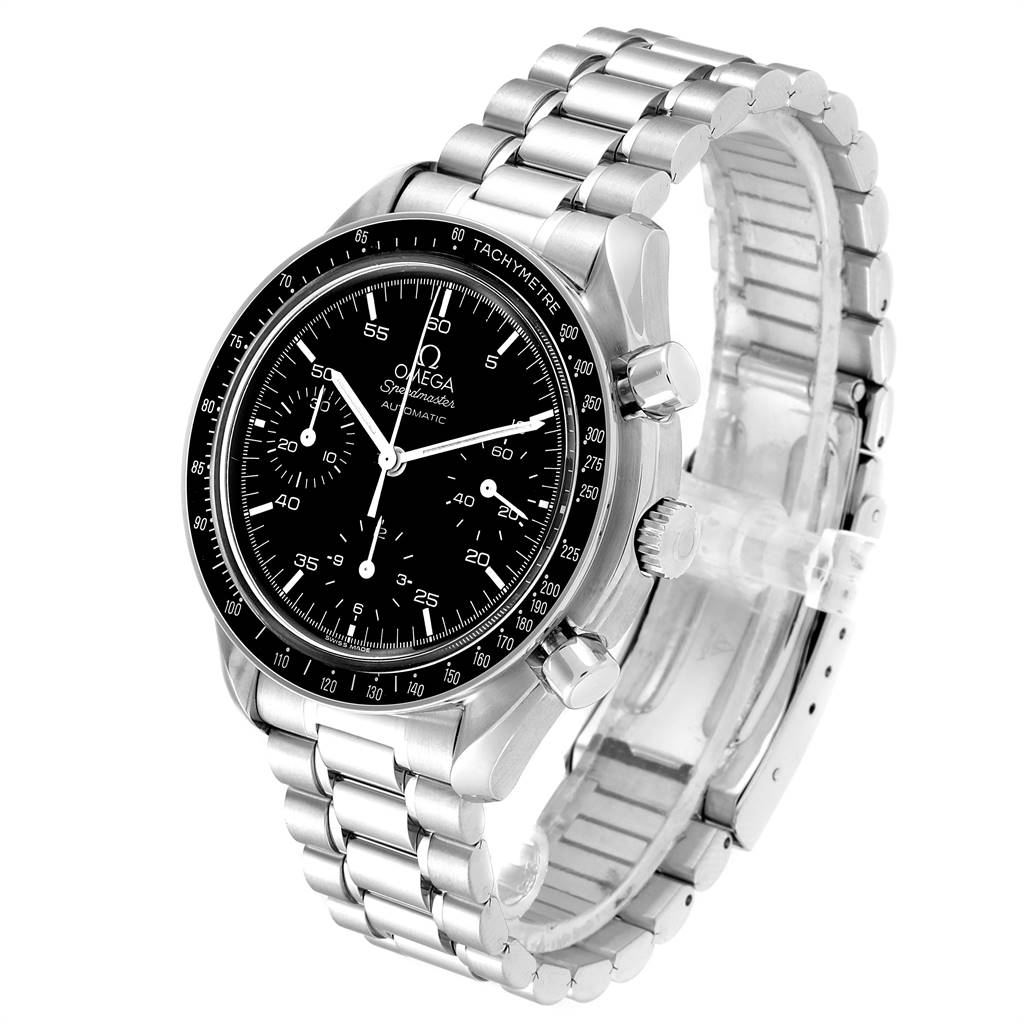 The image shows an Omega Speedmaster 3510.50.00 Men
s Stainless Steel Black Dial 3510.50.00 Men
s Stainless Steel Black Dial watch at a slight angle, highlighting its dial, bezel, and stainless steel bracelet.