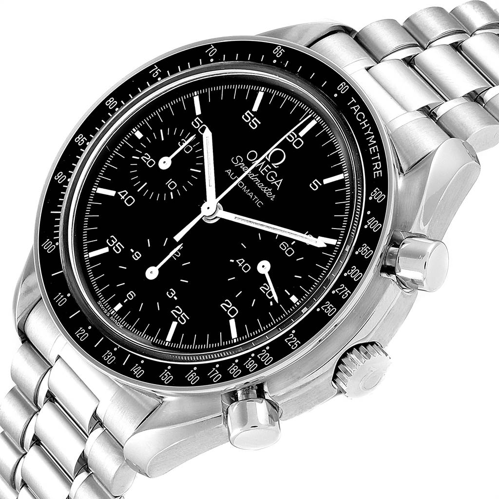 The image shows an Omega Speedmaster 3510.50.00 Men
s Stainless Steel Black Dial 3510.50.00 Men
s Stainless Steel Black Dial watch angled slightly from above, highlighting the dial, bezel, and stainless steel bracelet.
