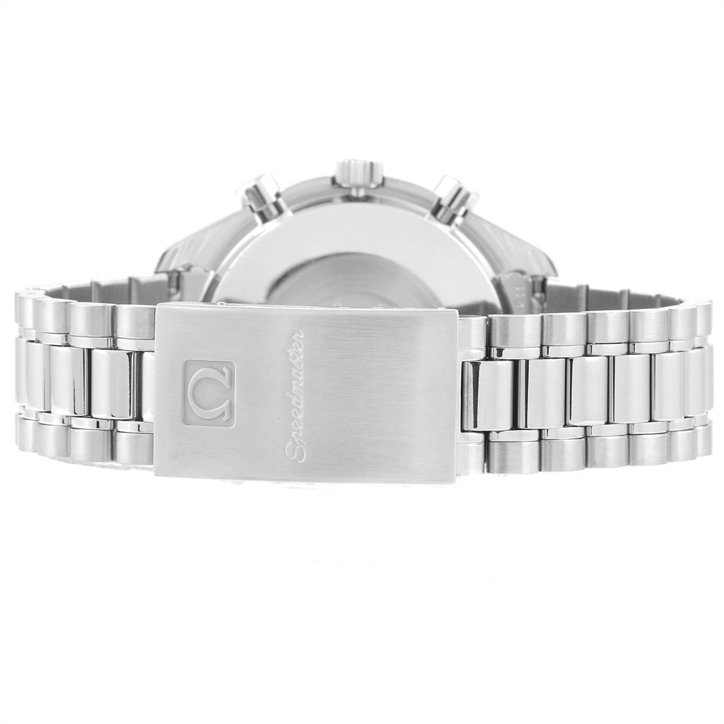 The image shows the back view of the Omega Speedmaster 3510.50.00 Men
s Stainless Steel Black Dial 3510.50.00 Men
s Stainless Steel Black Dial watch, focusing on the clasp and bracelet.