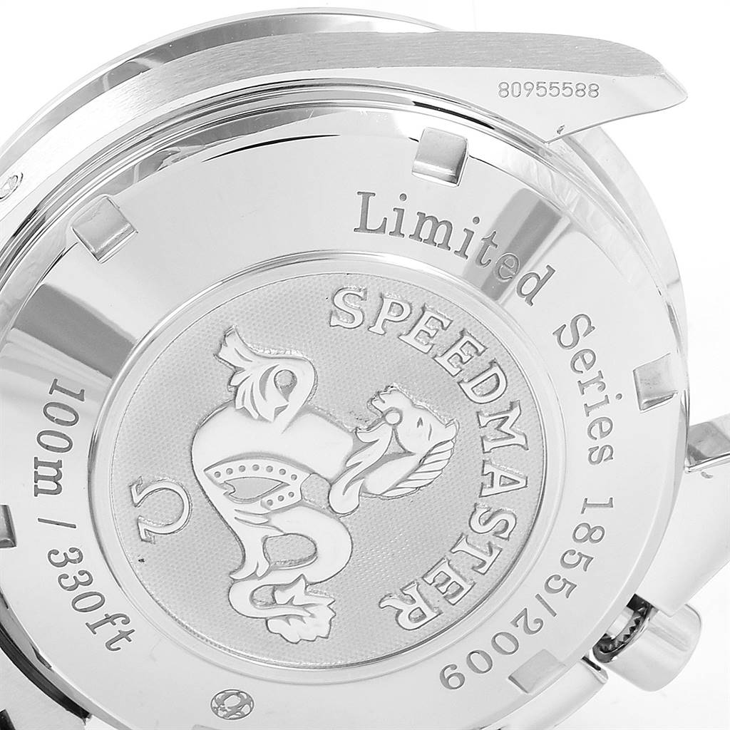 The image shows the engraved case back of an Omega Speedmaster 323.30.40.40.01.001 Men
s Stainless Steel Black Dial 323.30.40.40.01.001 Men
s Stainless Steel Black Dial Limited Series watch.