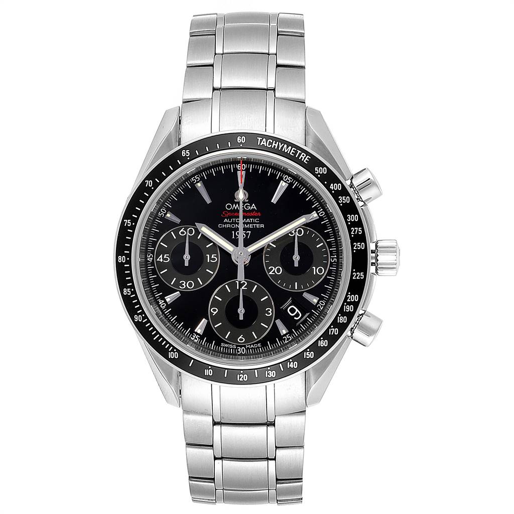 The image displays a frontal view of an Omega Speedmaster 323.30.40.40.01.001 Men
s Stainless Steel Black Dial 323.30.40.40.01.001 Men
s Stainless Steel Black Dial watch, showing its face, bezel, and stainless steel bracelet.