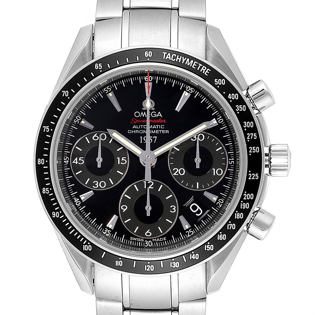 The image shows a front view of an Omega Speedmaster 323.30.40.40.01.001 Men
s Stainless Steel Black Dial 323.30.40.40.01.001 Men
s Stainless Steel Black Dial watch, highlighting its dial, subdials, tachymeter bezel, and bracelet.