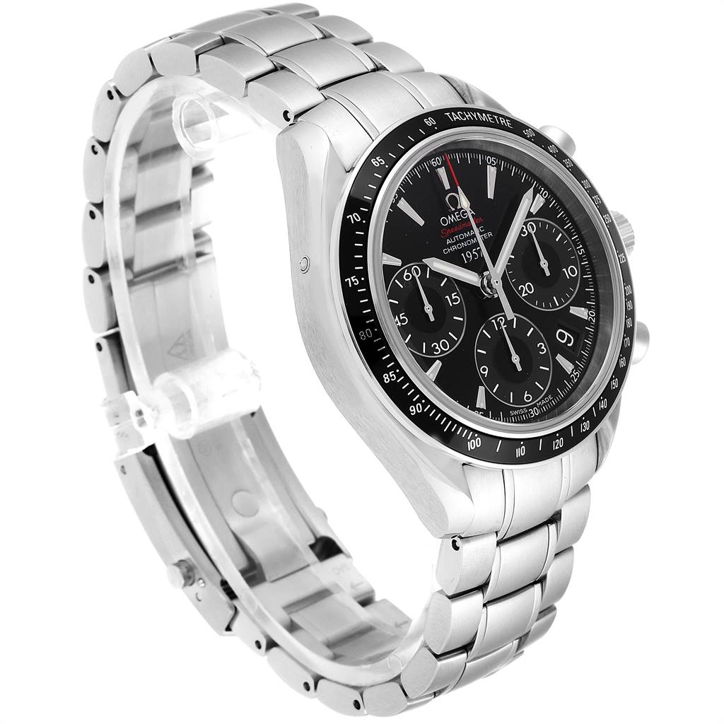 The Omega Speedmaster 323.30.40.40.01.001 Men
s Stainless Steel Black Dial 323.30.40.40.01.001 Men
s Stainless Steel Black Dial watch is shown at a slight angle highlighting the watch face, bezel, three sub-dials, and stainless steel bracelet.