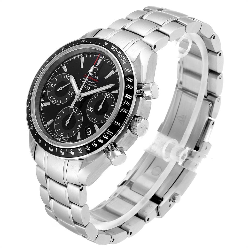 The image shows an Omega Speedmaster 323.30.40.40.01.001 Men
s Stainless Steel Black Dial 323.30.40.40.01.001 Men
s Stainless Steel Black Dial watch at a three-quarter angle, highlighting the face, dials, crown, and bracelet.