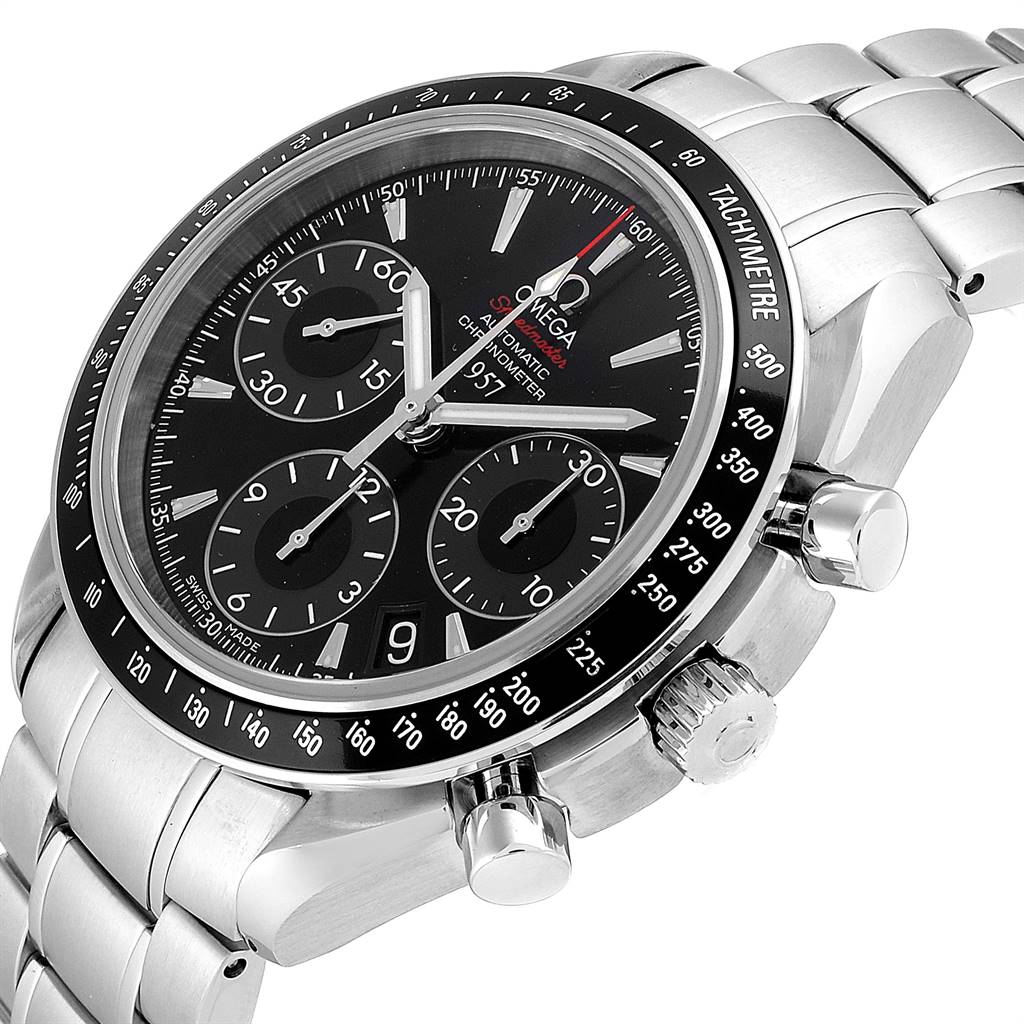 This Omega Speedmaster 323.30.40.40.01.001 Men
s Stainless Steel Black Dial 323.30.40.40.01.001 Men
s Stainless Steel Black Dial watch is shown at an oblique angle, highlighting the dial, bezel, pushers, and bracelet.