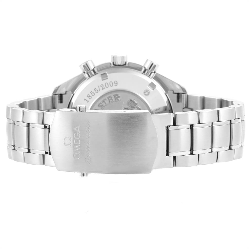 The image shows the back and clasp of an Omega Speedmaster 323.30.40.40.01.001 Men
s Stainless Steel Black Dial 323.30.40.40.01.001 Men
s Stainless Steel Black Dial watch, with the focus on the stainless steel bracelet and engraved case back.