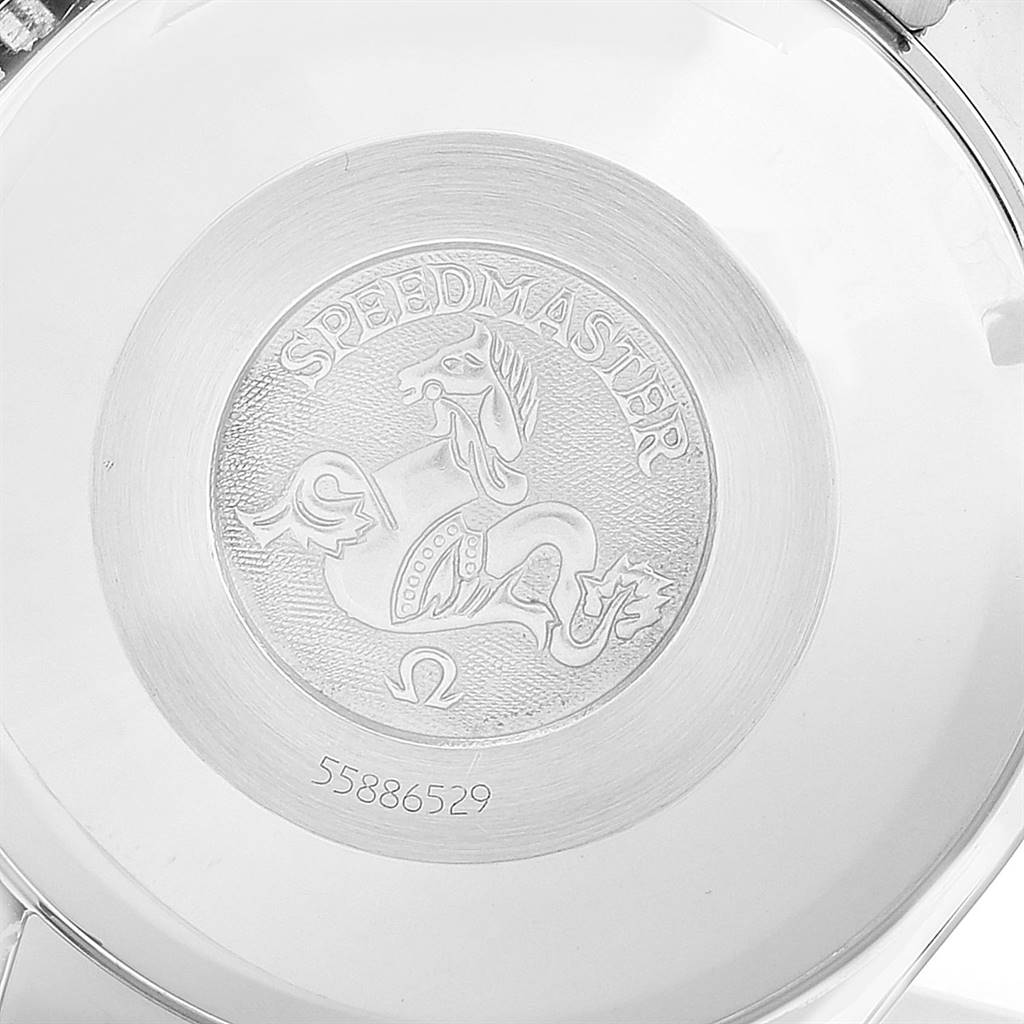 The image shows the case back of an Omega Speedmaster 3520.50.00 Men
s Stainless Steel Black Dial 3520.50.00 Men
s Stainless Steel Black Dial watch, featuring the Speedmaster logo and serial number.