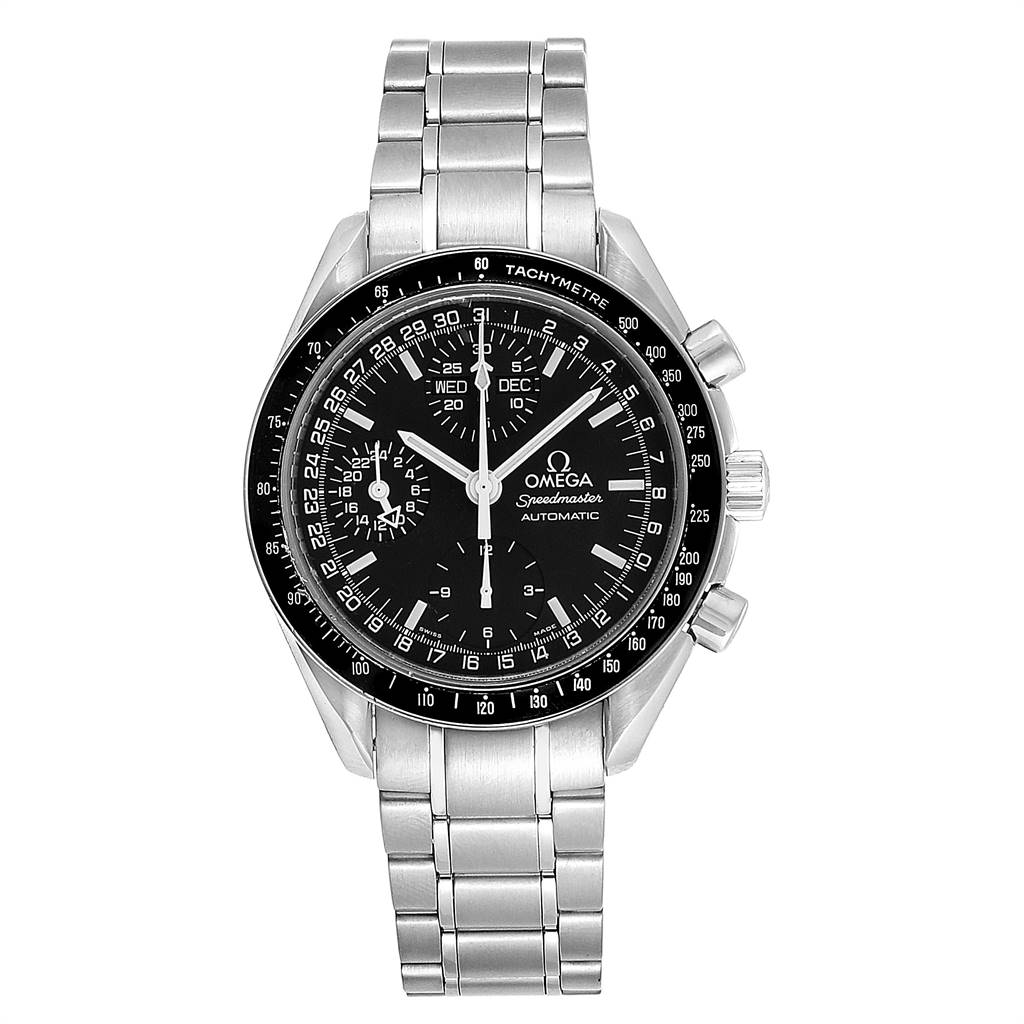 The Omega Speedmaster 3520.50.00 Men
s Stainless Steel Black Dial 3520.50.00 Men
s Stainless Steel Black Dial watch is shown from a front angle, displaying the watch face, bracelet, and side buttons.