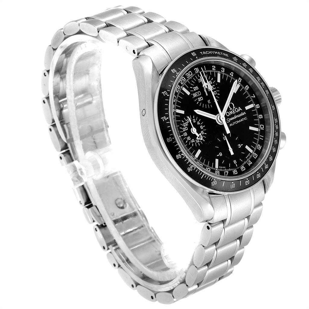 The Omega Speedmaster 3520.50.00 Men
s Stainless Steel Black Dial 3520.50.00 Men
s Stainless Steel Black Dial watch is angled from the top-left, showcasing its dial and stainless steel bracelet.