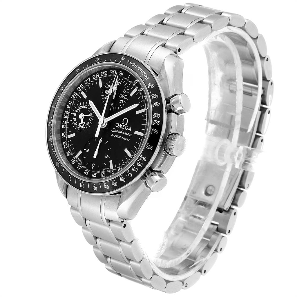 The Omega Speedmaster 3520.50.00 Men
s Stainless Steel Black Dial 3520.50.00 Men
s Stainless Steel Black Dial watch is shown from a three-quarter angle highlighting its face, tachymeter bezel, and metal bracelet.