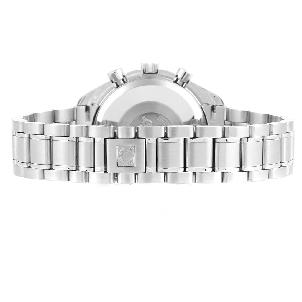 The image shows the Omega Speedmaster 3520.50.00 Men
s Stainless Steel Black Dial 3520.50.00 Men
s Stainless Steel Black Dial with a focus on its back case and stainless steel bracelet clasp.