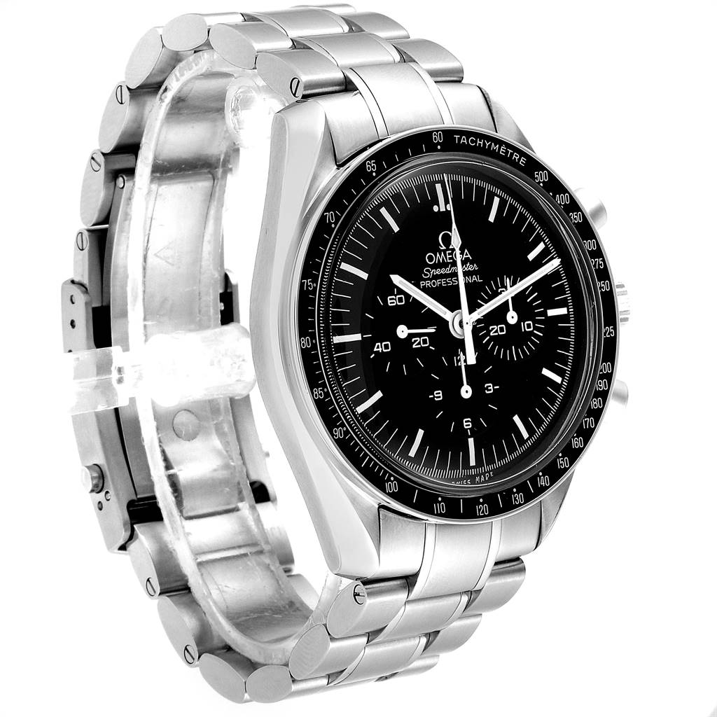 The Omega Speedmaster 3570.50.00 Men
s Stainless Steel Black Dial 3570.50.00 Men
s Stainless Steel Black Dial watch is shown at a slight angle, highlighting its face, metal bracelet, and side buttons.