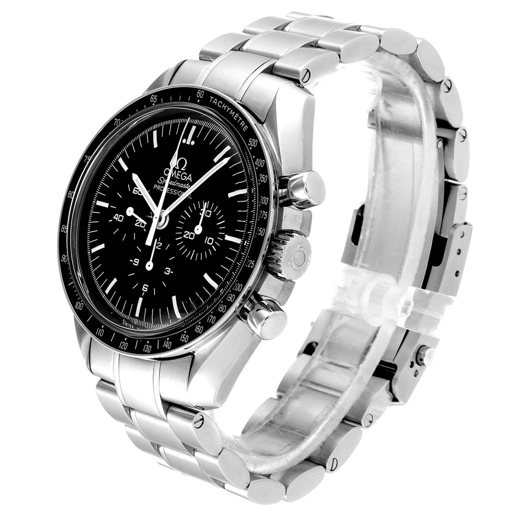 The Omega Speedmaster 3570.50.00 Men
s Stainless Steel Black Dial 3570.50.00 Men
s Stainless Steel Black Dial watch is shown at a three-quarter angle, displaying its face, bezel, crown, and stainless steel bracelet.