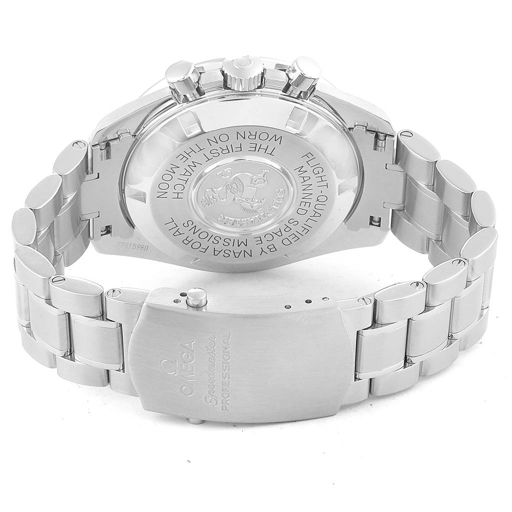 The image shows the back, bracelet, and clasp of an Omega Speedmaster 3570.50.00 Men
s Stainless Steel Black Dial 3570.50.00 Men
s Stainless Steel Black Dial watch.