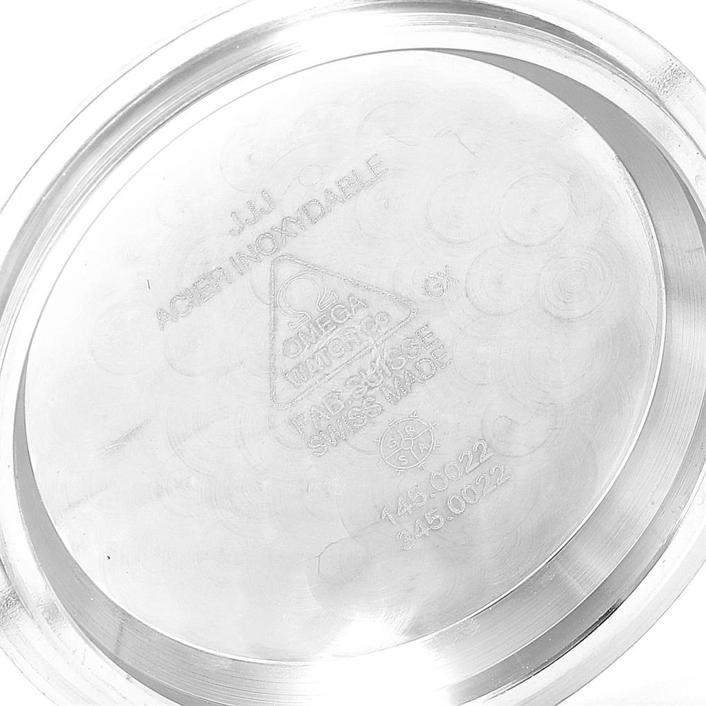 This image shows the inside case back of an Omega Speedmaster 145.0022 Men
s Stainless Steel Black Dial 145.0022 Men
s Stainless Steel Black Dial watch, highlighting model and manufacturing details.