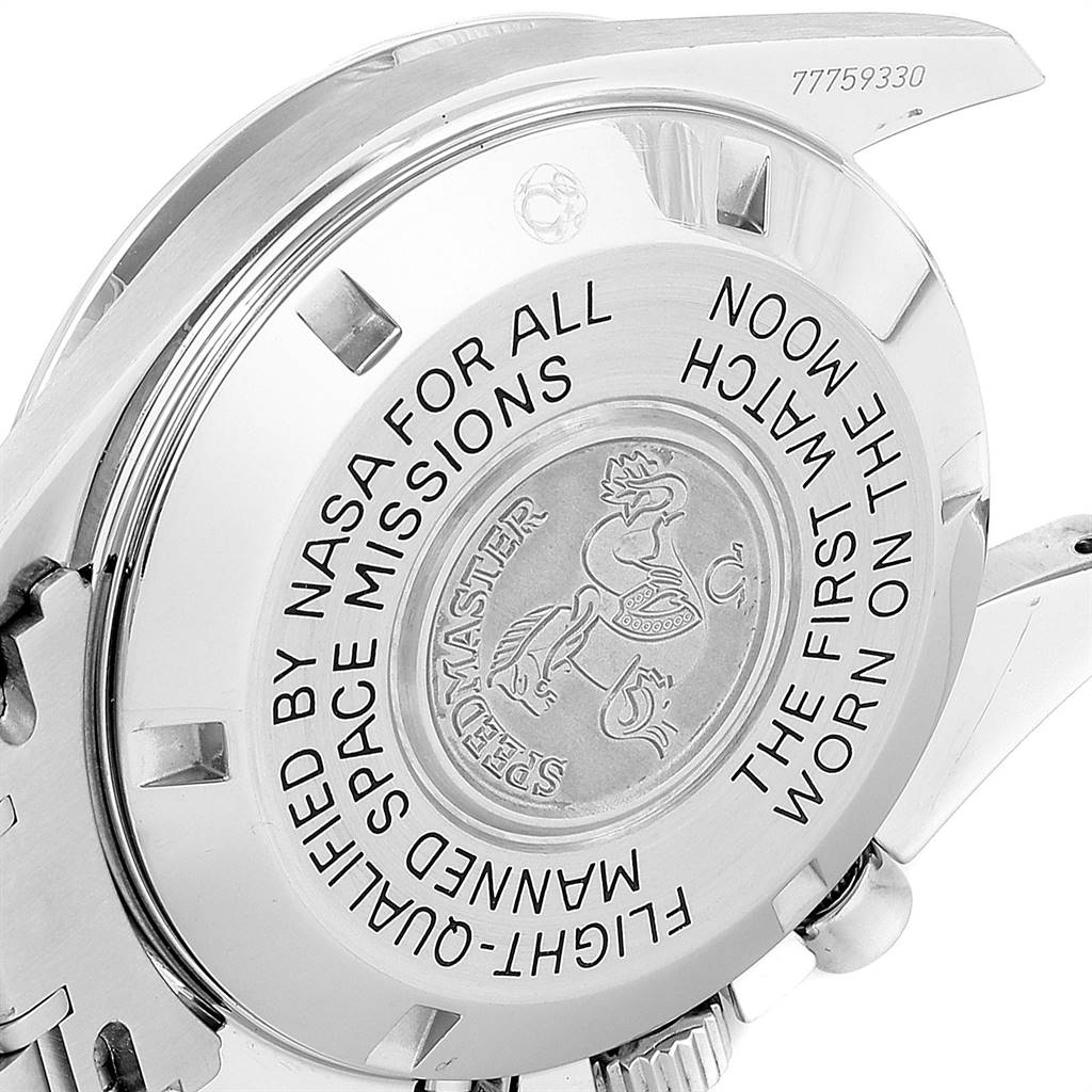 The image shows the back case of the Omega Speedmaster 145.0022 Men
s Stainless Steel Black Dial 145.0022 Men
s Stainless Steel Black Dial watch with an engraved message and logo.