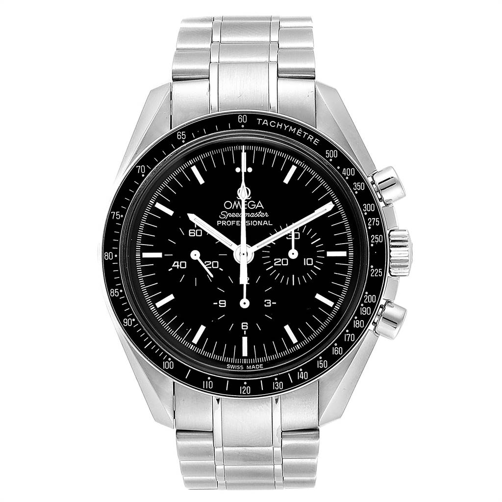 The image shows a front view of the Omega Speedmaster 145.0022 Men
s Stainless Steel Black Dial 145.0022 Men
s Stainless Steel Black Dial watch, displaying its dial, bezel, case, and bracelet.