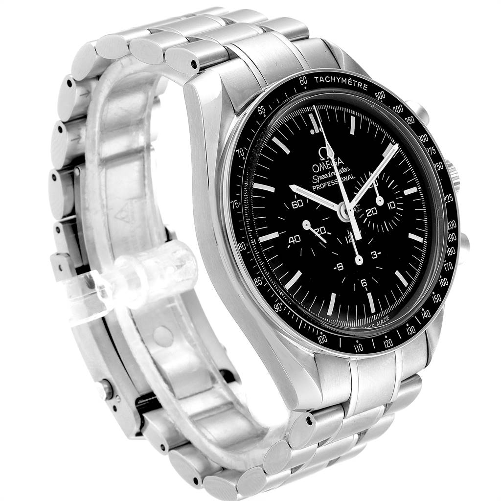 The Omega Speedmaster 145.0022 Men
s Stainless Steel Black Dial 145.0022 Men
s Stainless Steel Black Dial watch is shown at a three-quarter angle, highlighting the face, bezel, and bracelet.