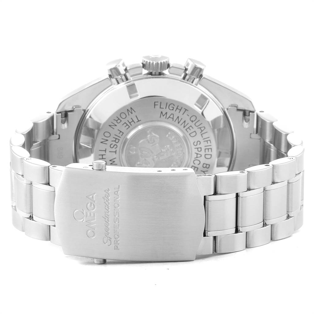 The image shows the back and clasp of an Omega Speedmaster 145.0022 Men
s Stainless Steel Black Dial 145.0022 Men
s Stainless Steel Black Dial watch, highlighting the bracelet and engraved case back.