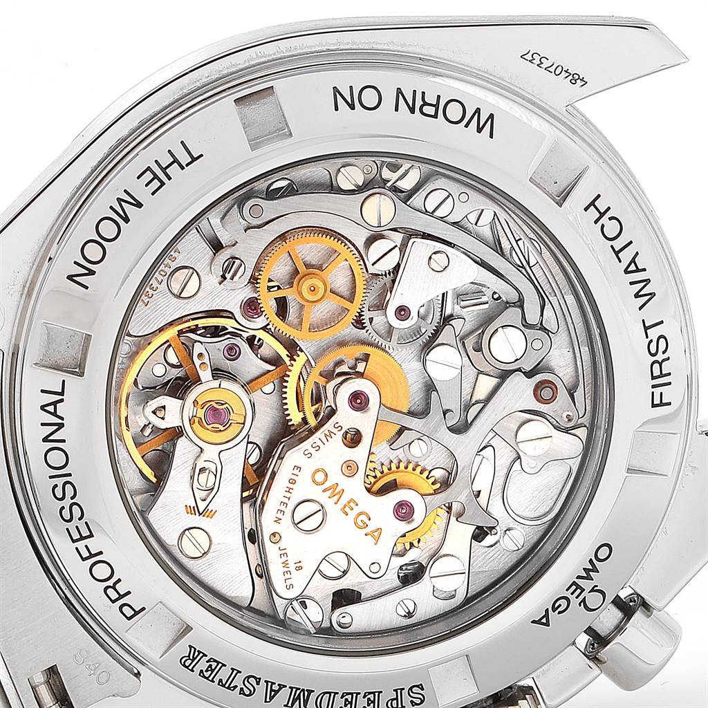 This image shows the movement mechanism of an Omega Speedmaster 3572.50.00 Men
s Stainless Steel Black Dial 3572.50.00 Men
s Stainless Steel Black Dial watch from a rear angle displaying intricate gears and components.