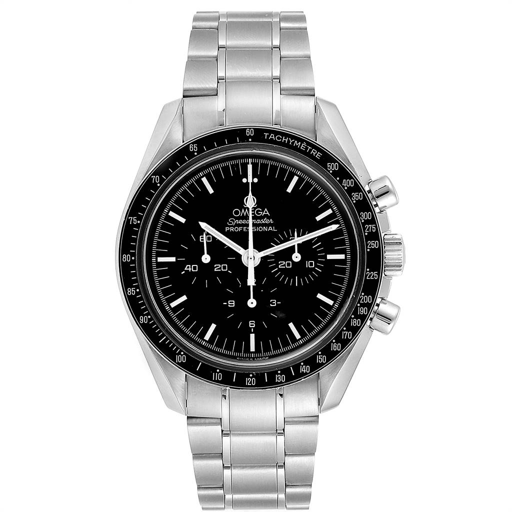 The image shows a front view of the Omega Speedmaster 3572.50.00 Men
s Stainless Steel Black Dial 3572.50.00 Men
s Stainless Steel Black Dial watch, displaying its face, bezel with tachymeter, and stainless steel bracelet.