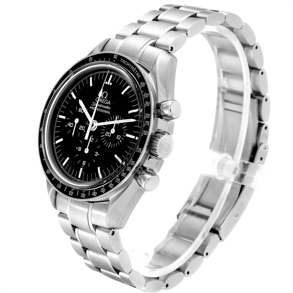The image shows an Omega Speedmaster 3572.50.00 Men
s Stainless Steel Black Dial 3572.50.00 Men
s Stainless Steel Black Dial watch at a 3/4 angle, highlighting the face, bezel, chronograph pushers, and bracelet.