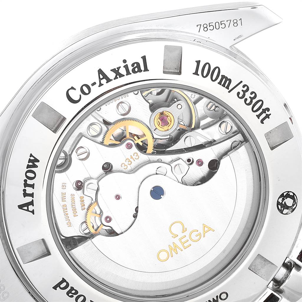 This image shows the back view of an Omega Speedmaster 321.10.44.50.02.001 Men
s Stainless Steel Silver Dial 321.10.44.50.02.001 Men
s Stainless Steel Silver Dial, revealing its inner mechanisms and the case back engravings.