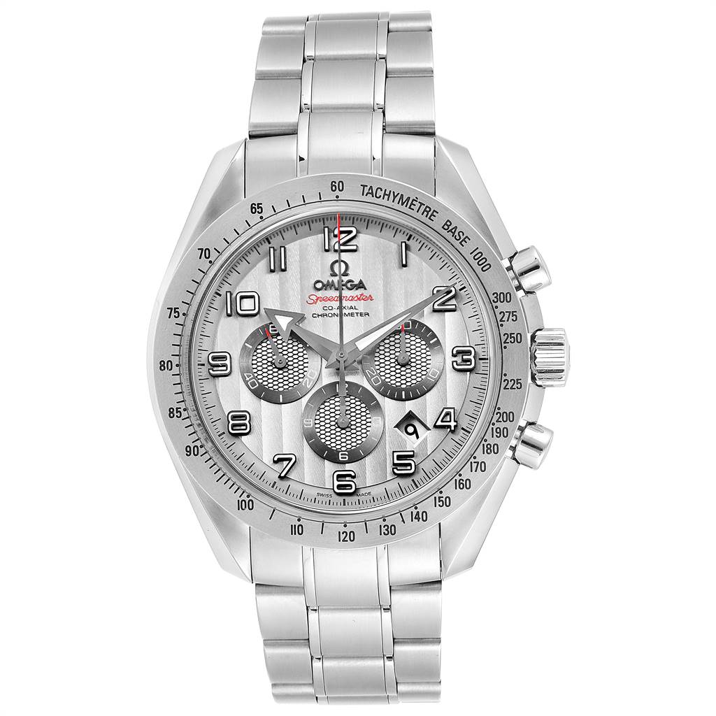 The image shows a front view of the Omega Speedmaster 321.10.44.50.02.001 Men
s Stainless Steel Silver Dial 321.10.44.50.02.001 Men
s Stainless Steel Silver Dial watch, displaying its dial, chronograph subdials, bracelet, and tachymeter bezel.