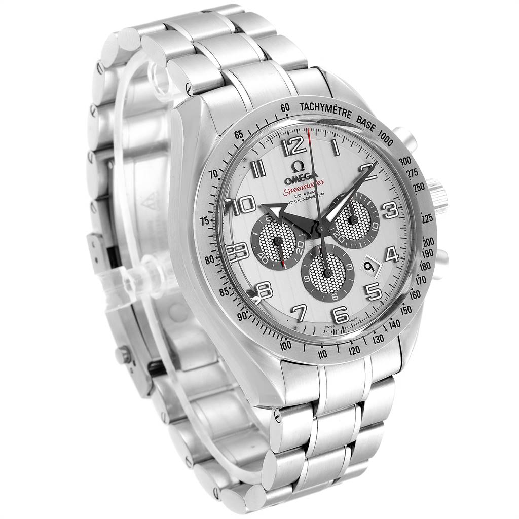 This Omega Speedmaster 321.10.44.50.02.001 Men
s Stainless Steel Silver Dial 321.10.44.50.02.001 Men
s Stainless Steel Silver Dial watch is shown at a three-quarter angle, displaying the face, bezel, and part of the bracelet.